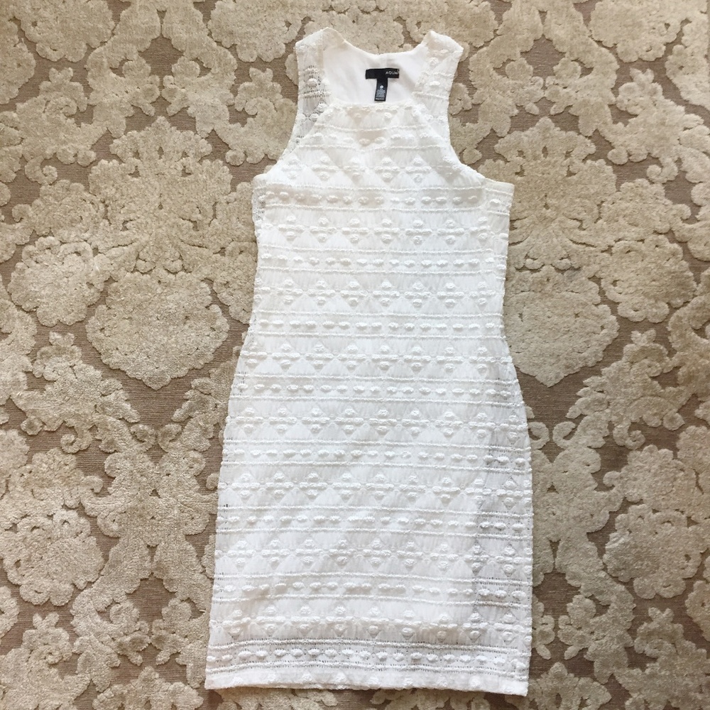 SOLD-Aqua White Lace Fit Sleeveless Formal Dress